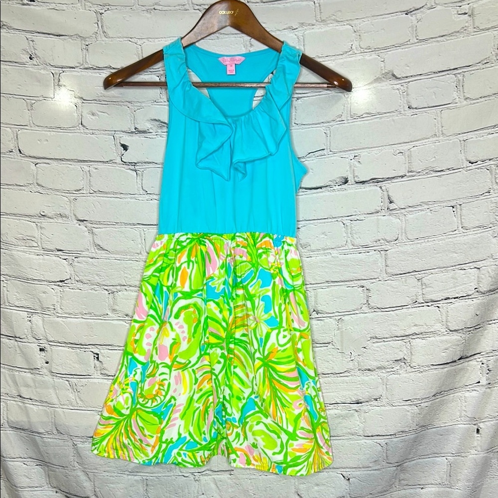 Lilly Pulitzer Sleeveless Blue Green Floral Skirt Dress Size 14
